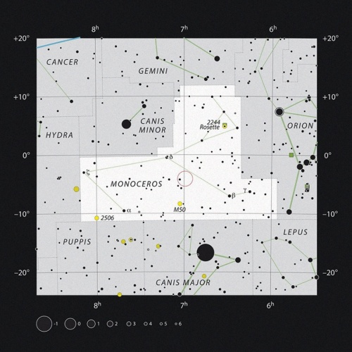 A V960 Mon jelű csillag elhelyezkedése a Monoceros csillagképben.