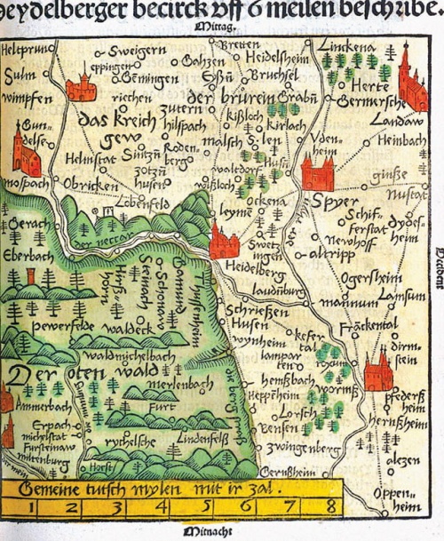 Heidelberg és környékének térképe Sebastian Münster térképészeti módszerét illusztrálja, 1528.