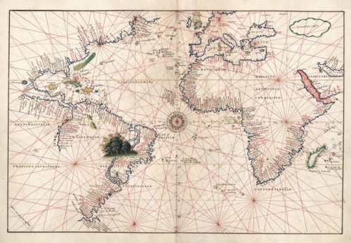 A világ körvonalai középkori tengeri térképen, Battista Agnese portolán atlaszában, 1540 körül, Velence.